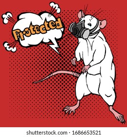 A Pop Art drawing of a white crying rat with a gas mask, a respirator.  Isolated illustration on a red background. 