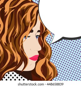 pop art dreamy girl with text bubble. retro woman thinking in comic style. vector illustration