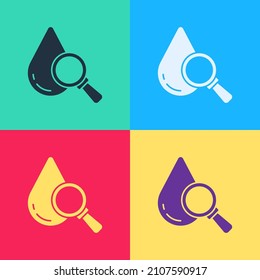 Pop art Drop and magnifying glass icon isolated on color background.  Vector