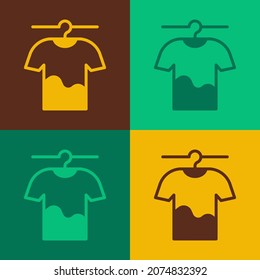 Pop art Drying clothes icon isolated on color background. Clean shirt. Wash clothes on a rope with clothespins. Clothing care and tidiness.  Vector