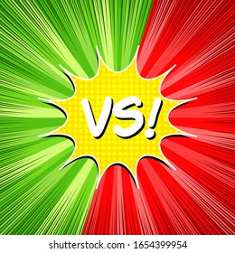 Pop art duel bright explosive template with VS white wording yellow speech bubble two colorful sides with rays and radial effects. Vector illustration