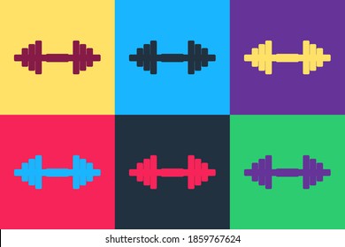 Pop art Dumbbell icon isolated on color background. Muscle lifting icon, fitness barbell, gym icon, sports equipment symbol, exercise dumbbell. Vector.