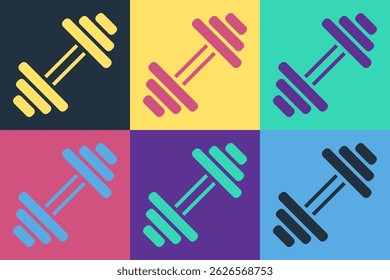 Pop art Dumbbell icon isolated on color background. Muscle lifting icon, fitness barbell, gym, sports equipment, exercise bumbbell.  Vector