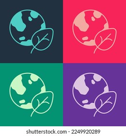 Pop art Earth globe and leaf icon isolated on color background. World or Earth sign. Geometric shapes. Environmental concept.  Vector