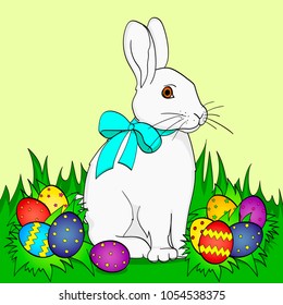 Pop art Easter bunny on green grass, Easter eggs. Comic book style imitation. Vintage retro style. Conceptual illustration
