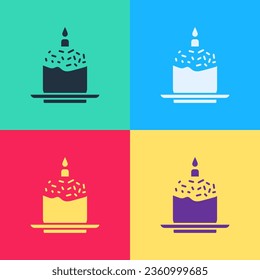 Pop art Easter cake and candle icon isolated on color background. Happy Easter.  Vector Illustration