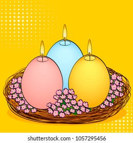 Pop art Easter candles in the shape of an egg. Three pieces of different colors with fire, in a basket nest and flowers. Color background. Comic book style imitation.