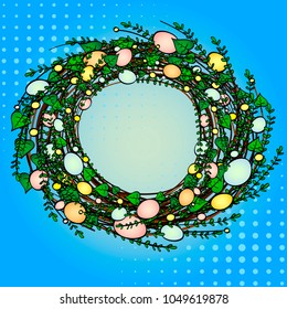 Pop art. Easter wreath of green grass with eggs. Comic book style imitation. Vintage retro style. Conceptual illustration