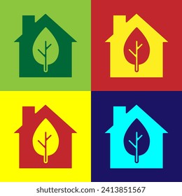 Pop art Eco friendly house icon isolated on color background. Eco house with leaf.  Vector