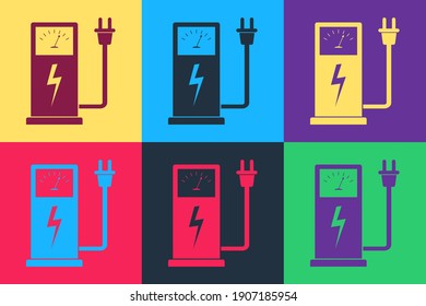 Pop art Icono de la estación de carga de coches eléctricos aislado en el fondo del color. Señal de la bomba de combustible eléctrico ecológico. Vector.