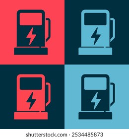 Icono de la estación de carga del coche eléctrico del arte del Pop aislado en fondo del color. Señal de la bomba de combustible eléctrica ecológica.  Vector