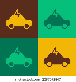 Pop art Icono de carga del enchufe eléctrico y del coche eléctrico aislado en el fondo del color. Tecnologías ecológicas renovables.  Vector