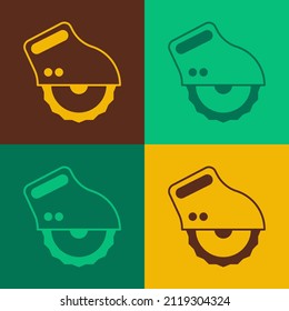 Pop art Electric circular saw with steel toothed disc icon isolated on color background. Electric hand tool for cutting wood or metal.  Vector