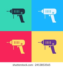 Pop art Icono de la máquina de perforación eléctrica aislado en el fondo del color. Herramienta de reparación.  Ilustración vectorial