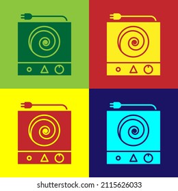 Pop art Electric stove icon isolated on color background. Cooktop sign. Hob with four circle burners.  Vector Illustration