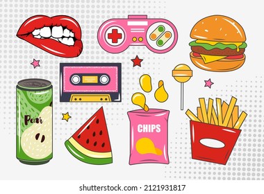 Pop art element. Collection of bright pictures from past, set of retro stickers. Old childrens entertainment, gamepad and food, icon. Cartoon flat vector illustrations isolated on white background