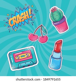 pop art element sticker icon set, vector illustration