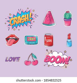 pop art element sticker icon set, watermelon, cactus, lips, soda, and more vector illustration