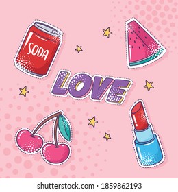 pop art element sticker icon set, soda, watermelon, cherry, lipstick vector illustration