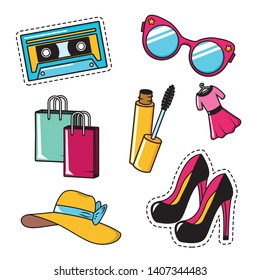 pop art elements collection female accessories glasses high heel shoes hat mascara brush dress vector illustration