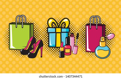 pop art elements collection gift bag fragrance high heel shoes vector illustration