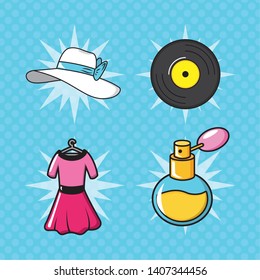 pop art elements collection hat vinyl dress fragrance vector illustration