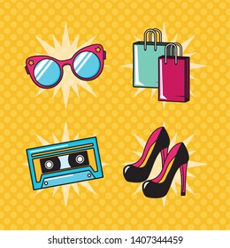 pop art elements collection high heel shoes eyeglasses bags cassette vector illustration