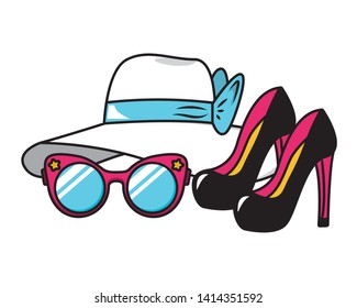 pop art elements high heel shoes hat eyeglasses vector illustration