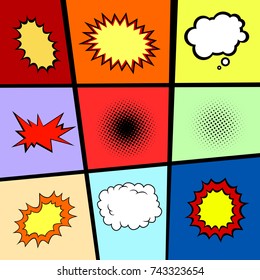 Pop art elements set. Comic template. Dialog boxes. Explosions. Boom! Vector illustration.
