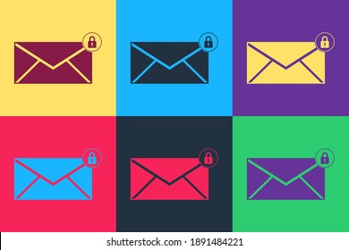 Pop art Mensaje de correo electrónico bloqueo de contraseña icono aislado en el fondo del color. Sobre con candado. Correo privado y seguridad, seguridad, protección, privacidad. Vector.