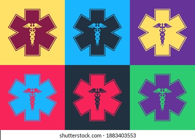Pop art Emergency star - medical symbol Caduceus snake with stick icon isolated on color background. Star of Life. Vector.