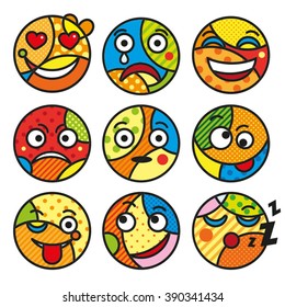 POP ART Emoticons. Set of Emoji. Isolated vector illustration on white background. Artistic emoticons for your design. Pop art Emoji.