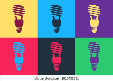 Pop art Energy saving light bulb icon isolated on color background. Vector.