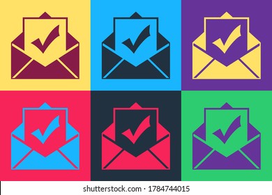 Pop art Envelope with document and check mark icon isolated on color background. Successful email delivery confirmation, successful verification concept. Vector.