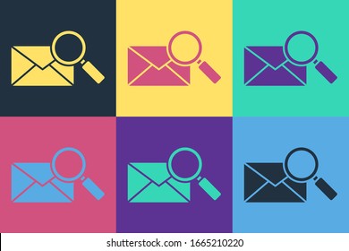 Pop art Envelope mail with magnifying glass icon isolated on color background.  Vector Illustration