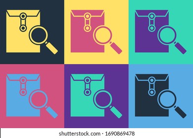 Pop art Envelope mail with magnifying glass icon isolated on color background.  Vector Illustration