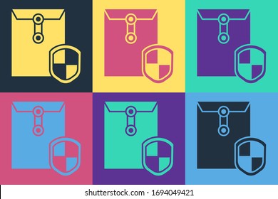 Sobre de arte pop con icono de escudo aislado en fondo de color. Concepto de seguro. Concepto de seguridad, protección, protección. Ilustración vectorial