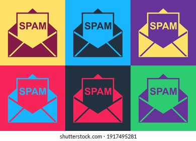 Pop art Envelope with spam icon isolated on color background. Concept of virus, piracy, hacking and security. Vector.