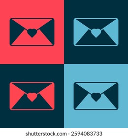 Pop art Envelope with Valentine heart icon isolated on color background. Message love. Letter love and romance.  Vector