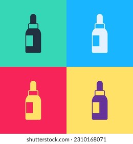 Pop art Essential oil bottle icon isolated on color background. Organic aromatherapy essence. Skin care serum glass drop package.  Vector