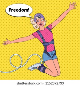 Pop Art Excited Beautiful Woman Jumping Bungee. Extreme Sports. Happy Girl Ropejumping. Vector illustration