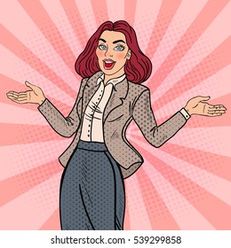 Pop Art Excited Happy Business Woman. Vector illustration