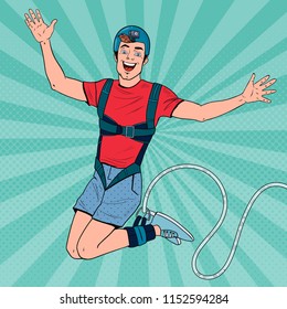 Pop Art Excited Man Jumping Bungee. Extreme Sports. Happy Guy Ropejumping. Vector illustration