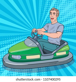 Pop Art Excited Man Riding Bumber Car at Fun Fair. Guy in Electric Car at Amusement Park. Vector illustration