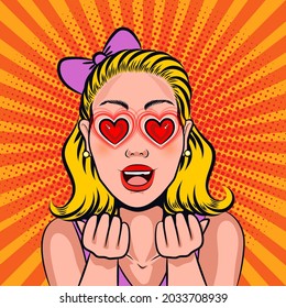 Pop art excited woman face with open mouth and heart eyes. Blonde woman in love illustration in retro comic style