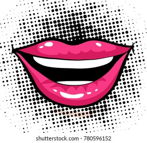 Pop art excited Woman lips, Dot background, Vector fashion illustration