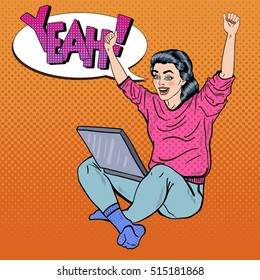 Pop Art Excited Young Woman with Laptop and Hands Up. Vector illustration