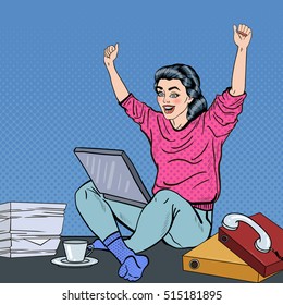 Pop Art Excited Young Woman With Laptop Sitting On The Office Desk Papers. Vector Illustration