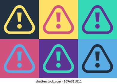 Pop art Exclamation mark in triangle icon isolated on color background. Hazard warning sign, careful, attention, danger warning important.  Vector Illustration