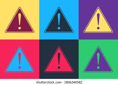 Marca de exclamación de arte pop en el icono del triángulo aislado en el fondo del color. Signo de advertencia de peligro, cuidado, atención, aviso de peligro importante. Vector.